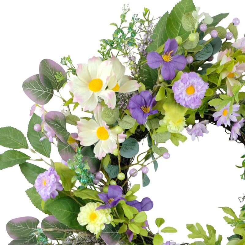 Daisy Floral Artificial Spring Wreath - 24" - Green and Purple