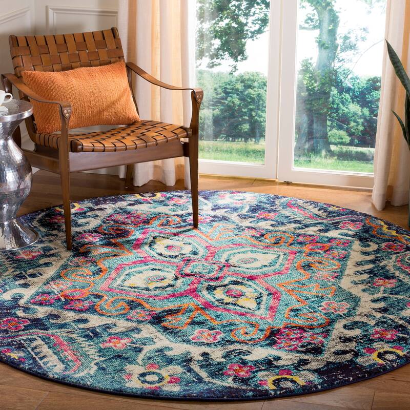 SAFAVIEH, Monaco Wava Boho Rug - 8' Round - Blue/Fuchsia