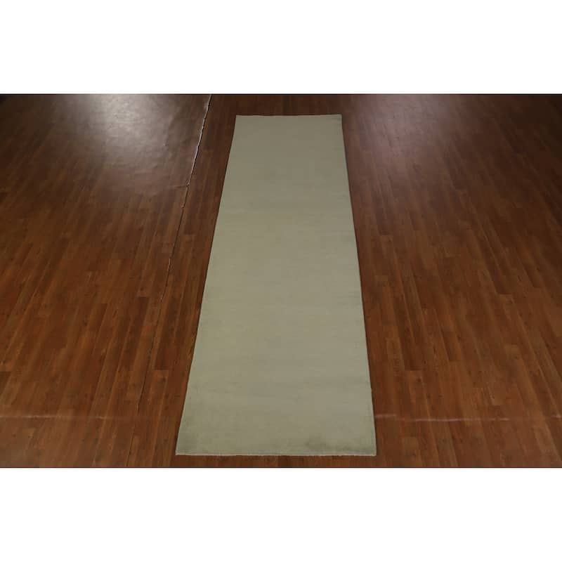 Hand Knotted Oriental 100% Wool Carpet Modern Solid Green Gabbeh Runner Rug - 9' 8'' X 3' 2''