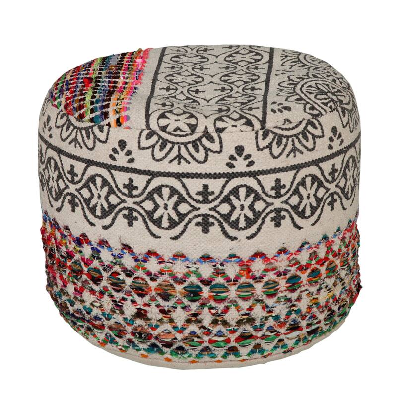 Decorative Boho Pouf for Living Room 18" Upholstered Ottoman in Rainbow and Grey Cotton Blend - Multi-Color