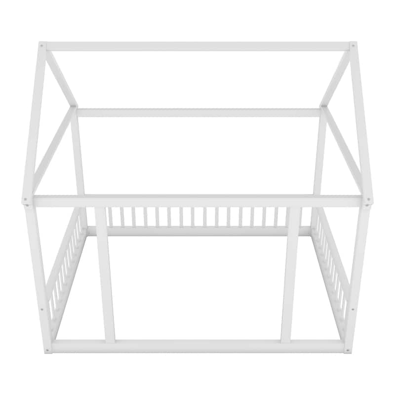 Pine Wood Floor Bed with House Roof Frame and Safety Guardrails