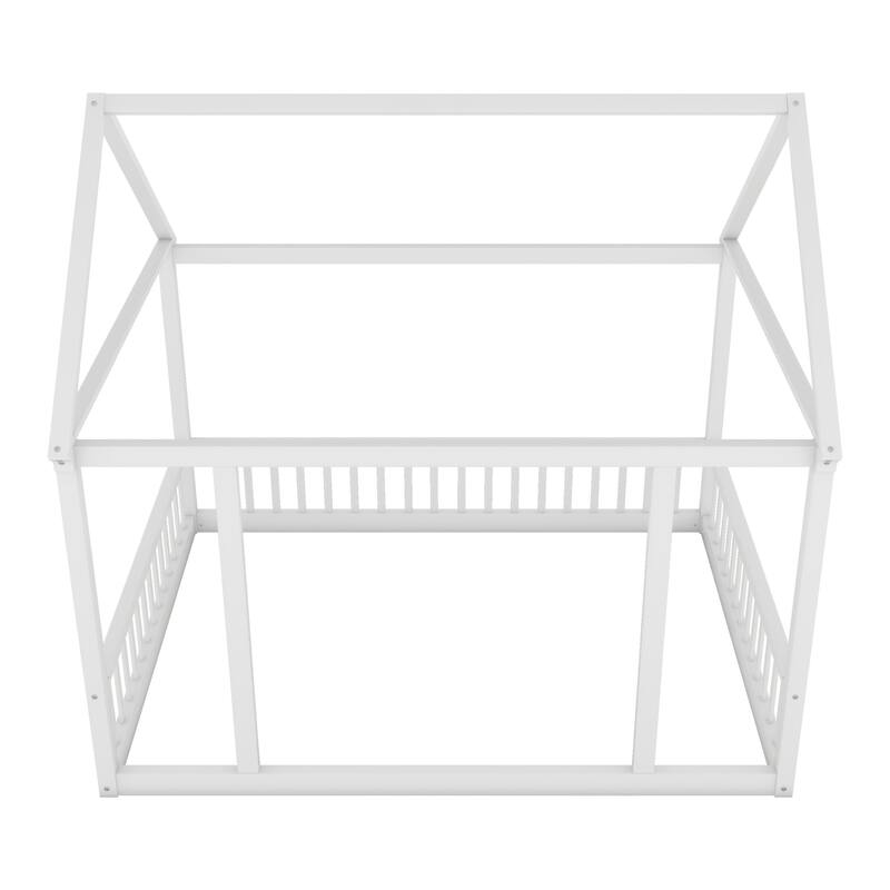 Twin/Full Size Floor Bed with Wooden House Roof Frame and Safety Guardrails for Children's Bedrooms, Small Space