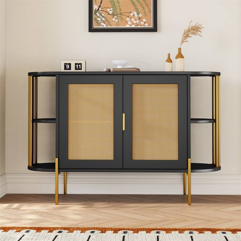 2 Door Wood Curved Cabinet with Gold Trim and Doors - Black