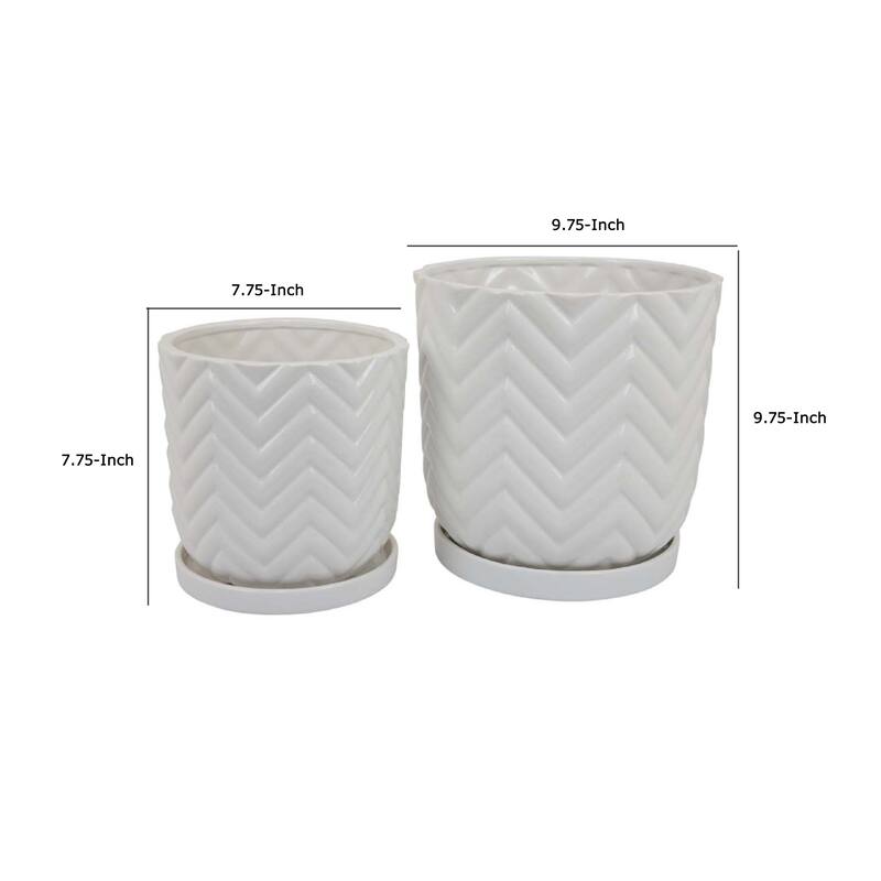 2 Pack White Glossy Wave Texture Plant Ceramic Planter with Saucers