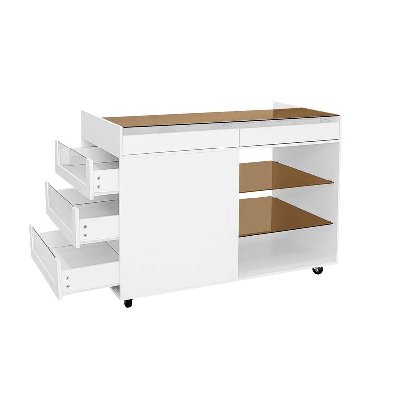 Roomfitters Multi-Functional Storage Island Vanity Console with Glass Display Shelves and Reversible Top, White