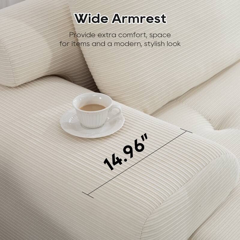 L-Shaped Modular Sectional Sofa, Corduroy Convertible Sectional Sofa Bed, Compression Sofa with Memory Foam & Steel Frame - White