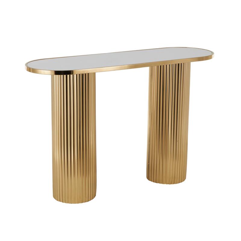 Gold Metal Oval Living Room Console Table with White Marble Tabletop and Ribbed Legs