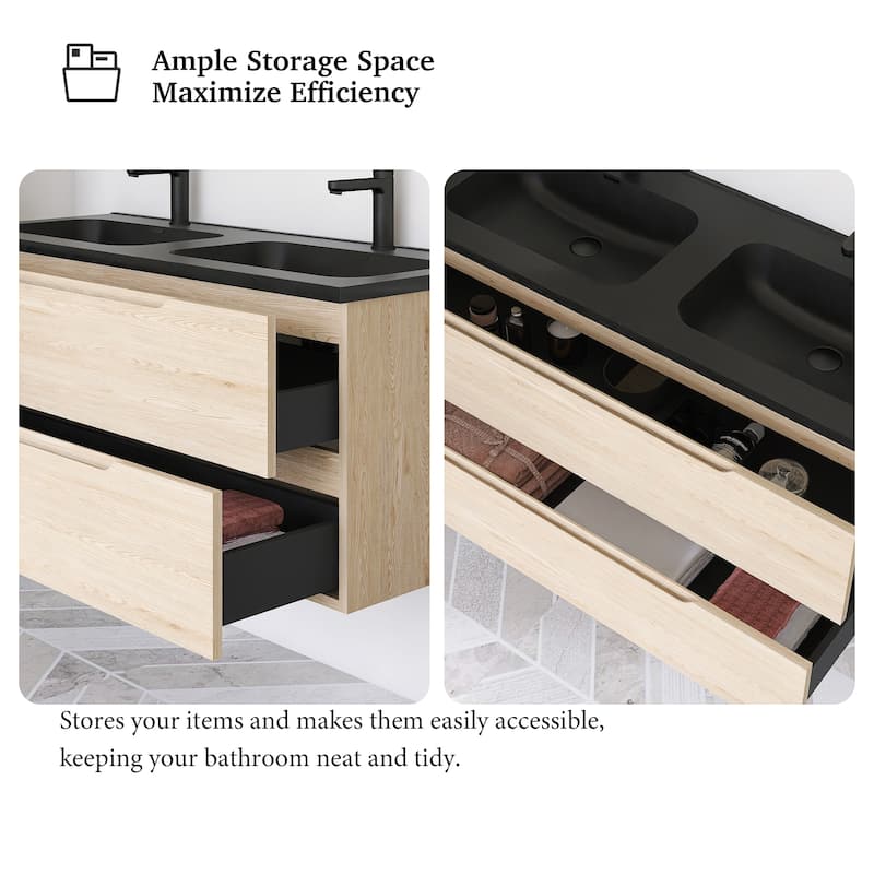 48'' Floating Bathroom Vanity in Evita Oak with Integrated Quartz Sand Top - 47.24'' x 18.90'' x 20.39''