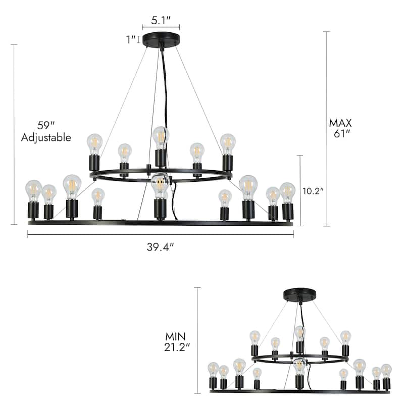 Oriea Farmhouse Black 15-Light Wheel Chandelier 39.4 IN. Modern Industrial 2-Tier Classic Candle Lights - D 39.4" x H 10.2"