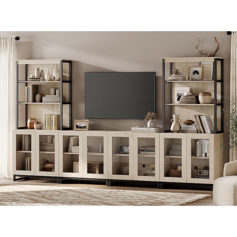 Modern TV Stand with 3 Tiers Bookshelf,Wooden Media TV Console with Glass Doors for Living Room - 126 inches - Beige