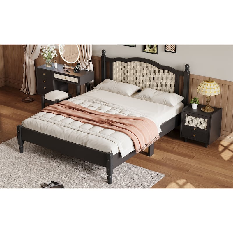 Queen Size Wooden Platform Bed with Natural Rattan Headboard, Vintage Bed Frame, Black