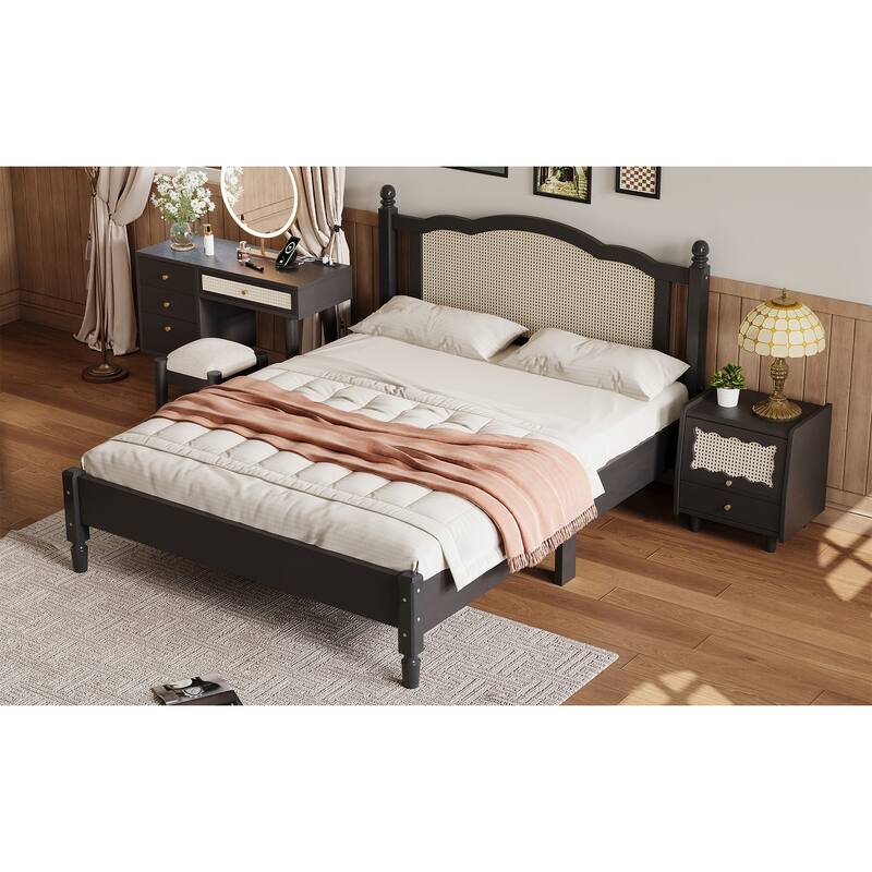 Wooden Platform Bed with Rattan Headboard Curved Wingback Bed Vintage Bed Frame Wood Slat Support Bed with Underbed Storage
