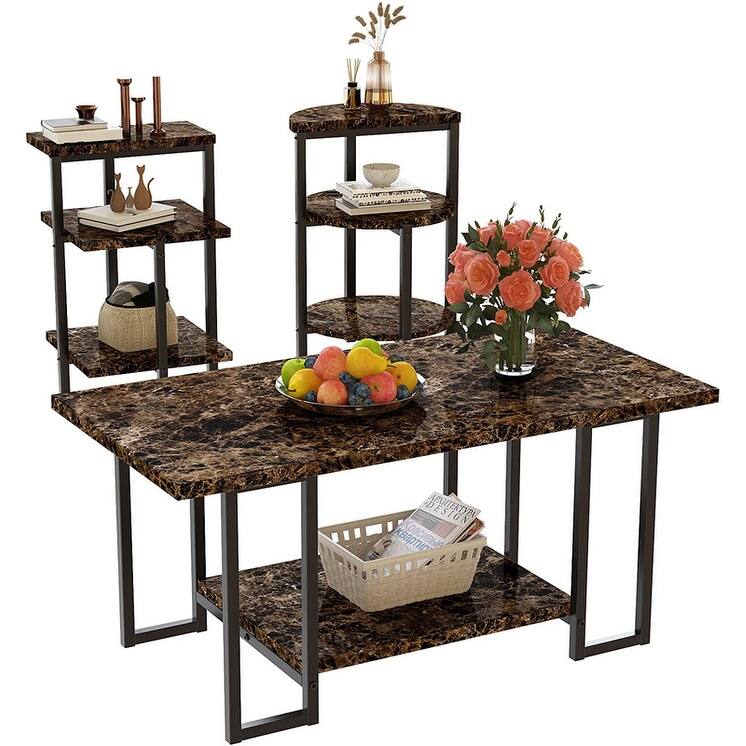 3 Pieces Faux Marble Coffee Table Set with 1 Coffee Table and 2 End Tables, Modern Sofa Side Table with Shelf, Cocktail Table