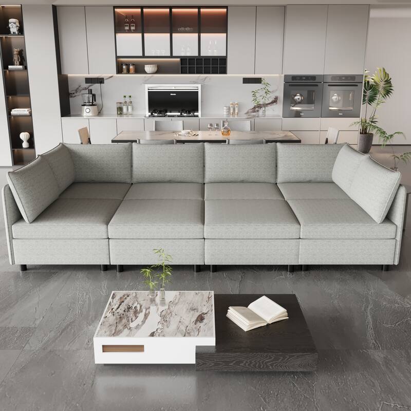 Grey 129'' Convertible 8-Seater Modular Sectional Sofa with Storage Ottoman and Comfortable Sleeper Options