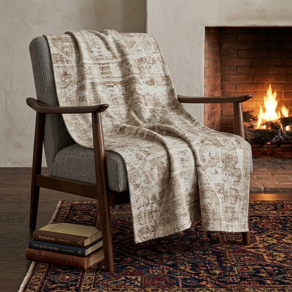 HomeRoots 50" X 70" Beige And Ivory Damask Polyester Woven Plush Throw Blanket