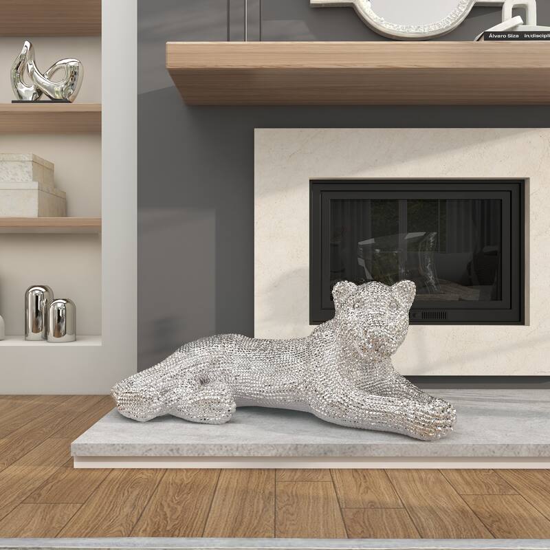 Polystone Floor Leopard Sculpture with Carved Faceted Diamond Exterior - Black or Silver