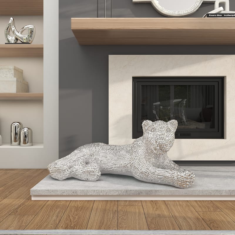 Polystone Leopard Decorative Sculpture with Carved Faceted Diamond Exterior - Black, White, Gold or Silver - Roche River Decor