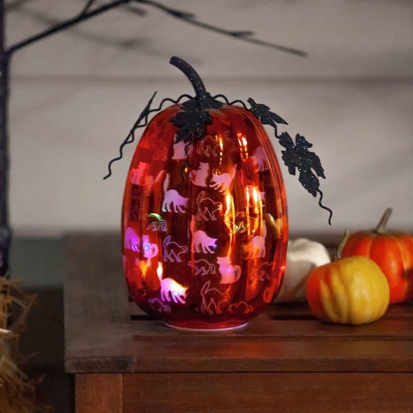 slide 1 of 1, Orange Cats LED Glass Pumpkin Statuary