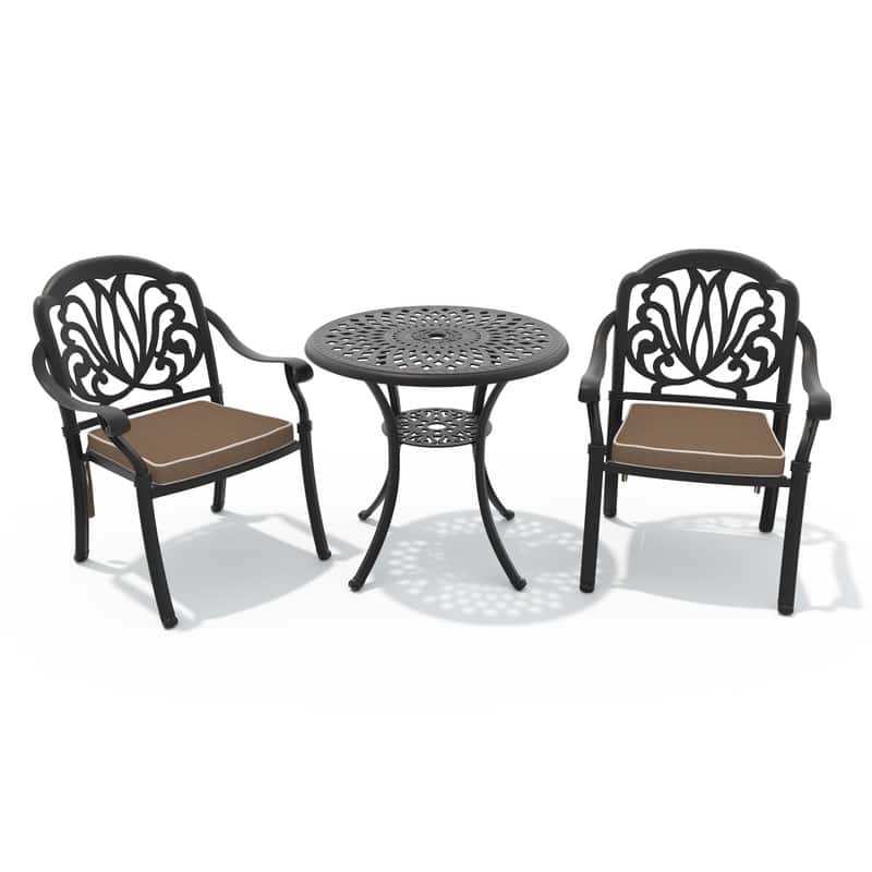 3-Pc Aluminum Patio Set , 2 x Armchairs with Brown Cushions with 1 With Umbrella Hole Table