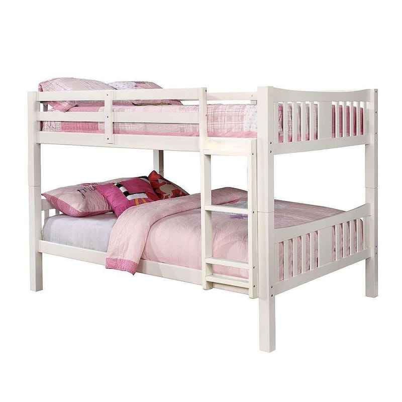 White Full Over Full Bunk Bed with Trundle and Attached Ladder, Transitional Style