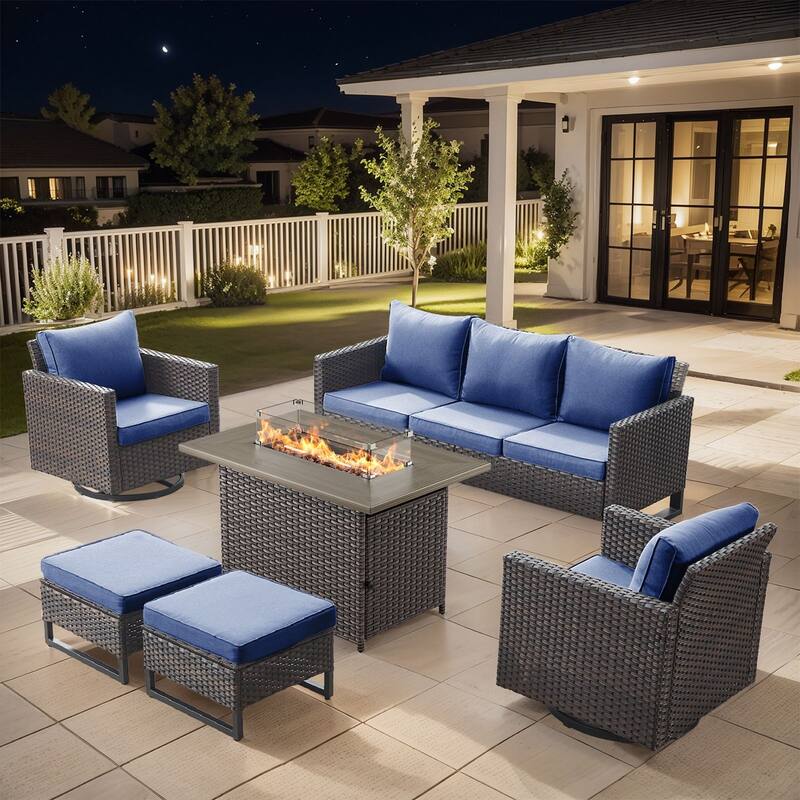Outdoor Sofa 2 Swivel Chairs Ottomans and Fire Pit Table - Brown - Blue