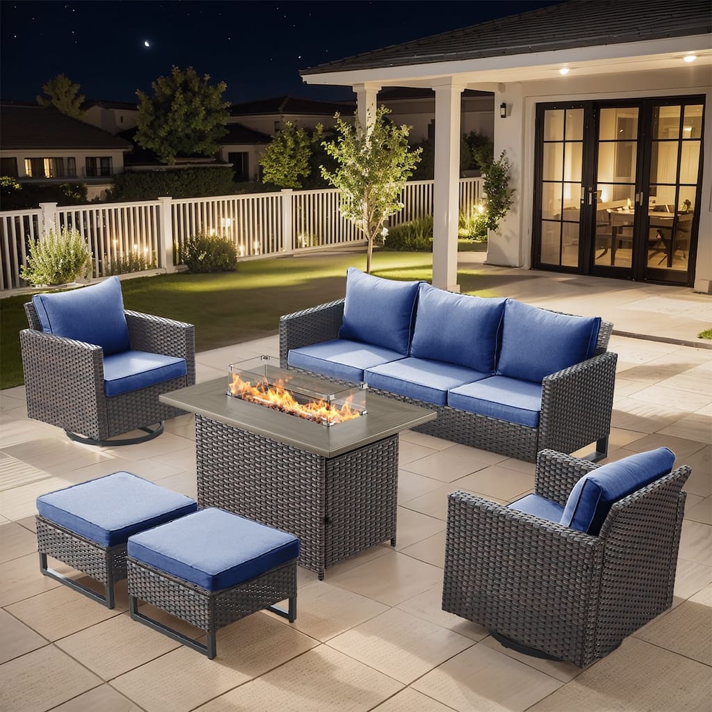Outdoor Sofa 2 Swivel Chairs Ottomans and Fire Pit Table