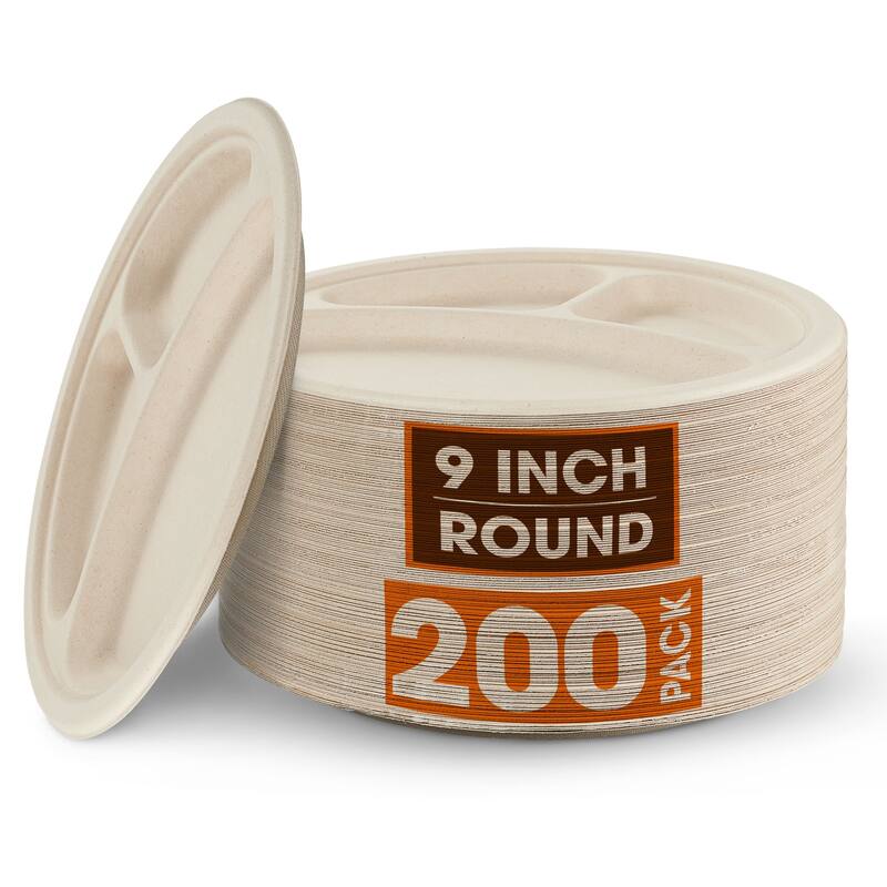 Cheer Collection 3 Section Paper Plates - 200 Pieces Per Pack - 9 inch - Natural