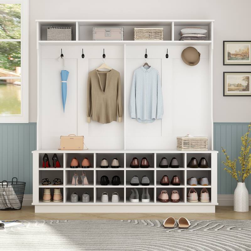 Large Hall Tree for Entryway Coat Rack Shoe Bench with Bottom Storage - White