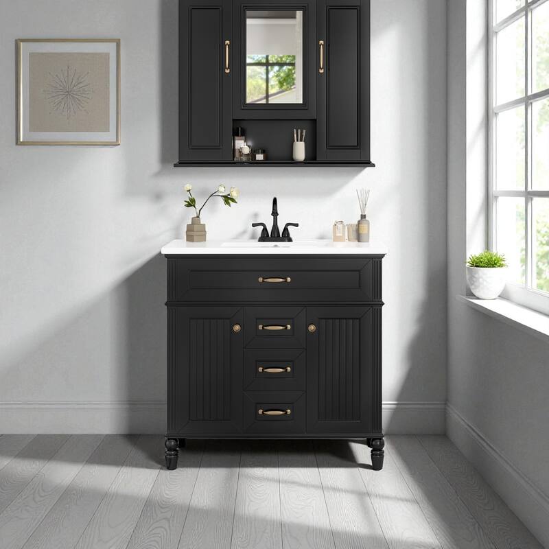 36-Inch Bathroom Mirror Cabinet with 3 Doors, Wall Mounted Medicine Cabinet with Adjustable Shelves and Open Storage