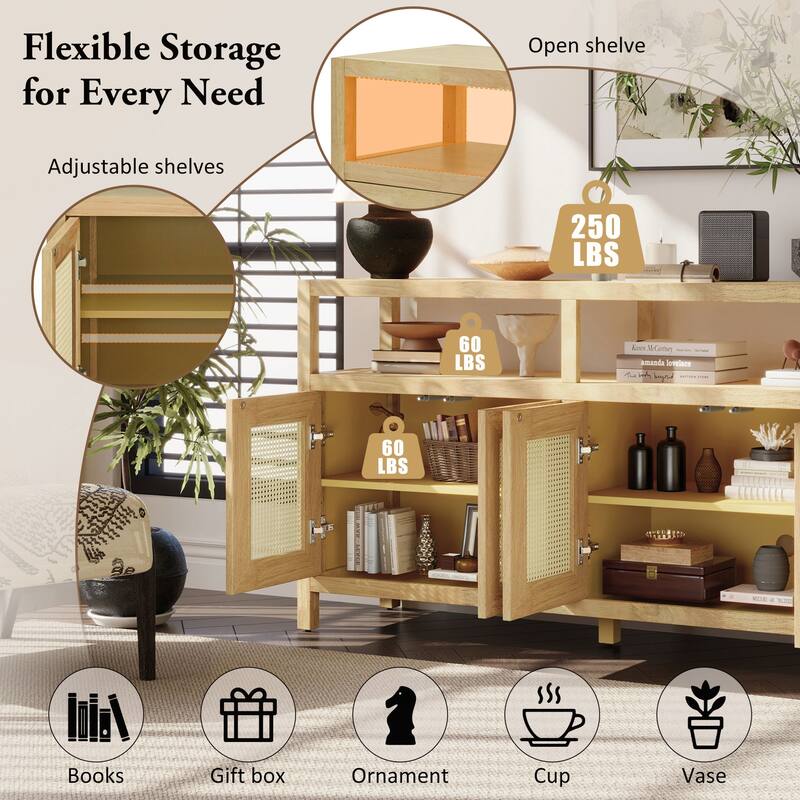 Rattan Buffet Storage Cabinet with Solid Wood Frame