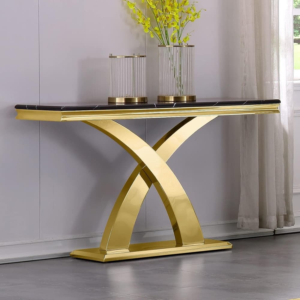 50 inch Rectangle Console Table with Luxurious Stainless Steel X Base and High Gloss Top