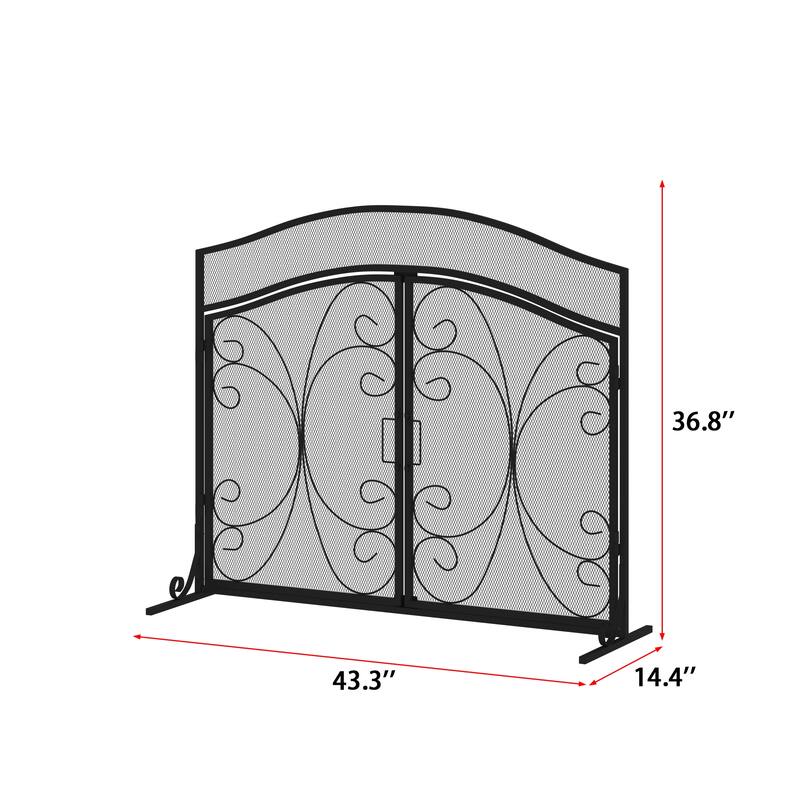 Classic Black Wrought Iron Fireplace Screen with Arched Double Doors, Decorative Mesh Fire Guard for Indoor Home Hearth Safety
