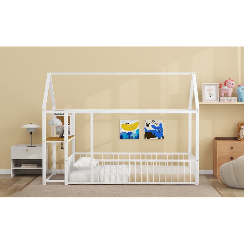 Twin Size Metal Bed House Bed Frame with Desk, Shelves, Power Outlets and USB Ports, White