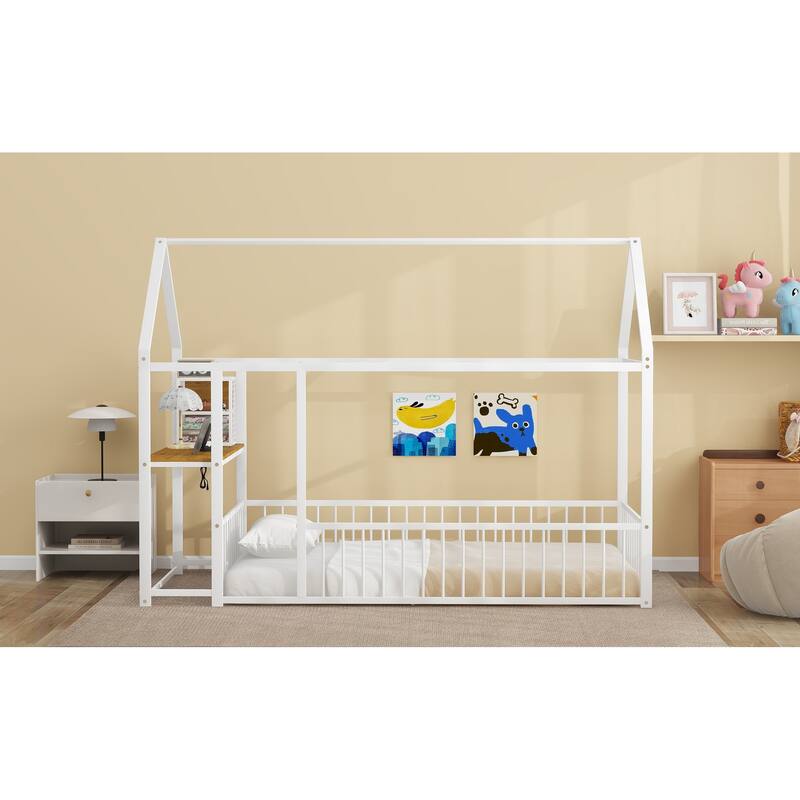 Twin Size Metal House Platform Bed Frame with Built-In Desk, USB Charging And Storage Shelves