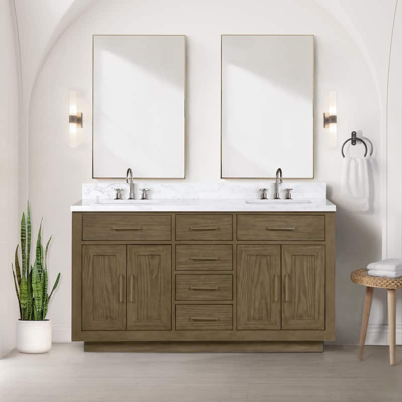 Lexora Abbey Bath Vanity, Carrara Marble Top, Faucet Set, and Mirror - 60 Inch - Grey Oak