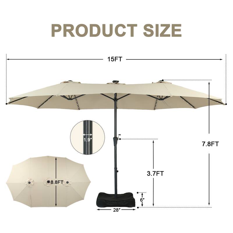 Autlaycil 15ft Retangle Patio Umbrella with Solar Lights & Base