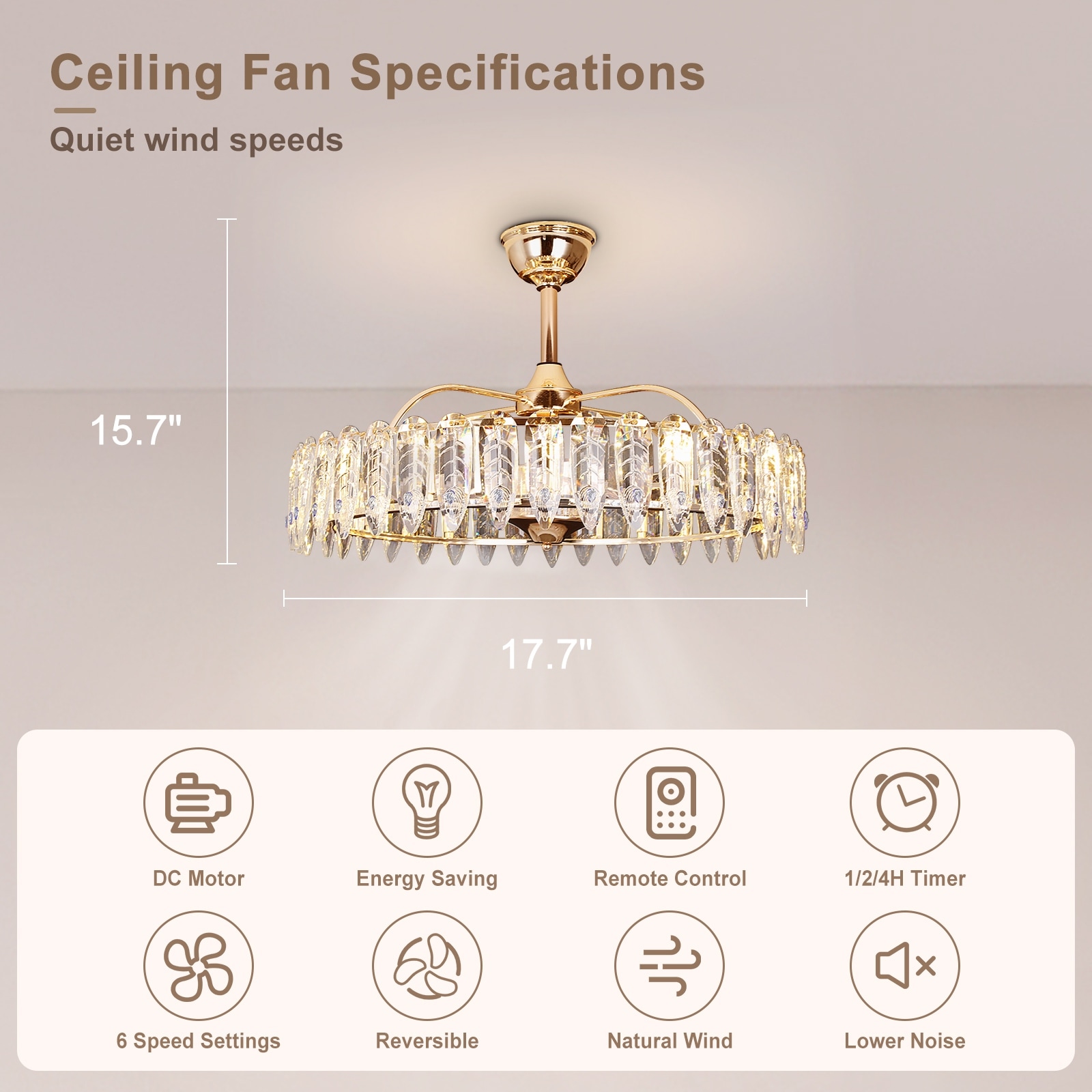 Gold Crystal Chandelier Ceiling Fan with Reversible Motor