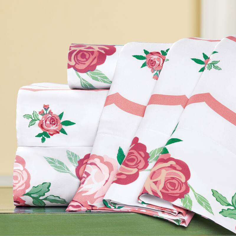 Printed Lovely Bright Blooming Roses White Sheet Set