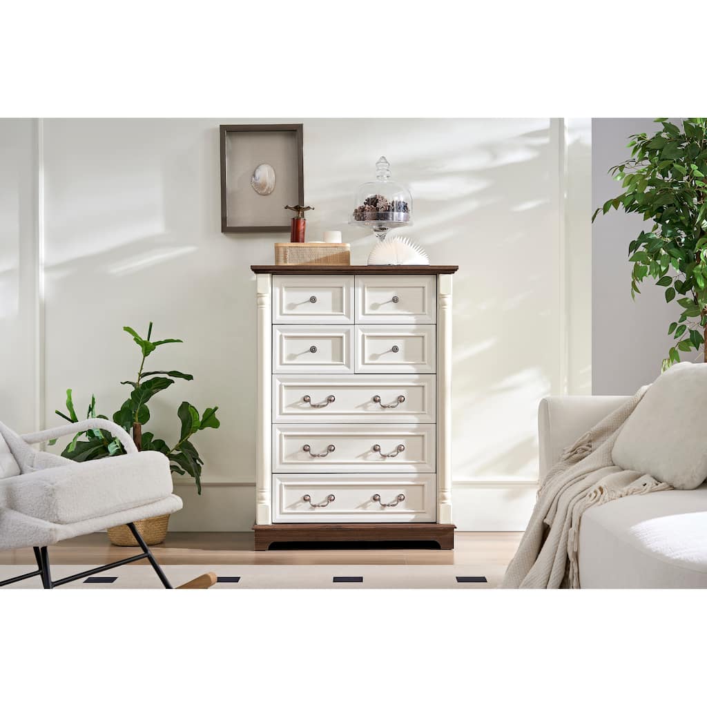 Anmytek White and Walnut 7 Drawer Dresser - Farmhouse Bedroom Storage with Mixed Hardware