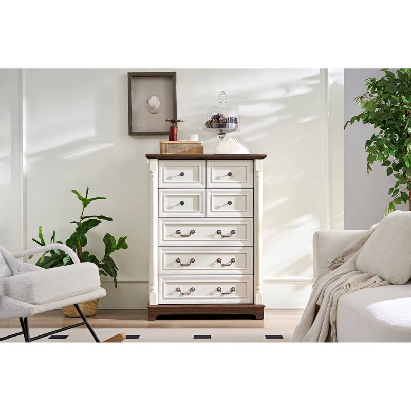 Anmytek White and Walnut 7 Drawer Dresser - Farmhouse Bedroom Storage with Mixed Hardware - White