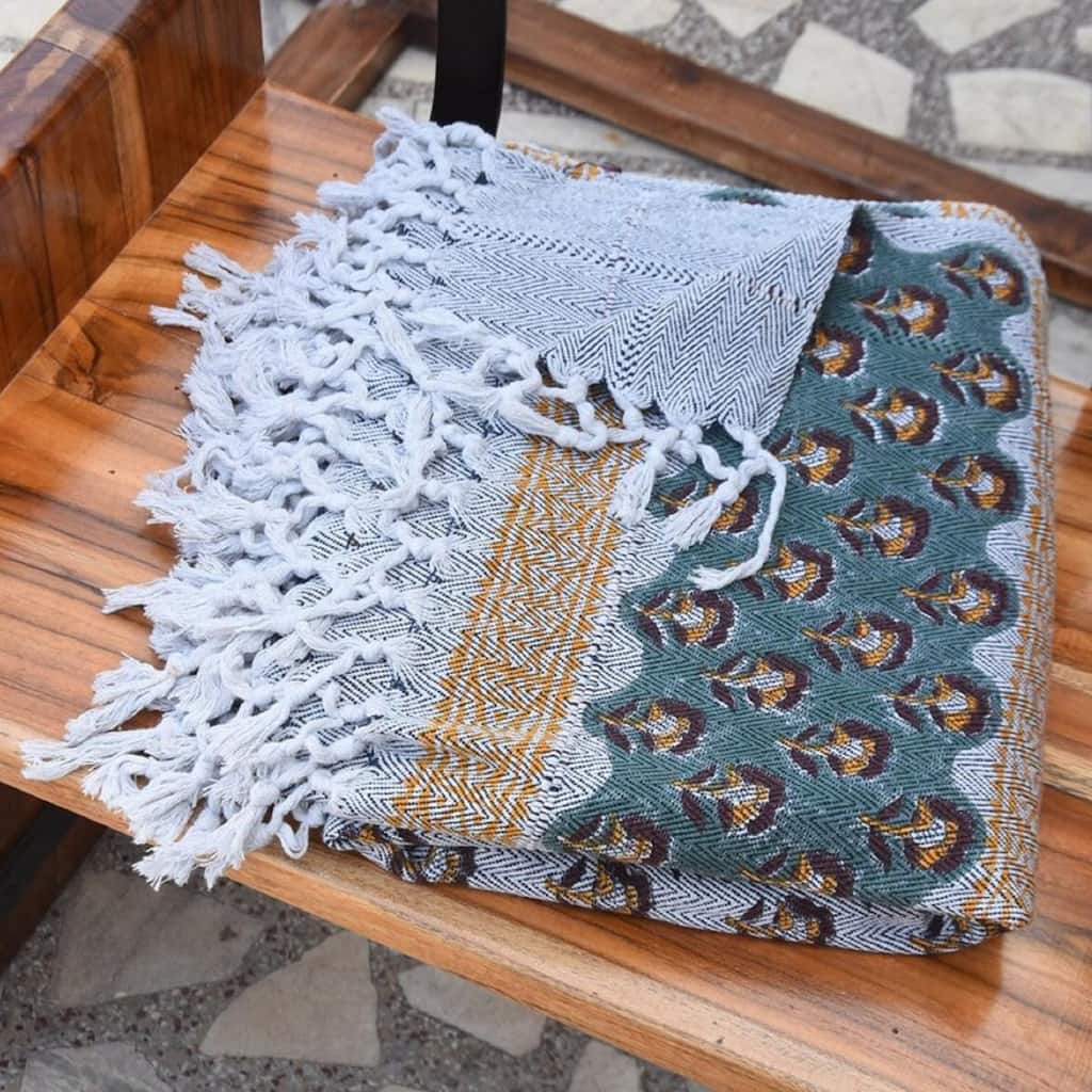 Fabdivine Rohini Handwoven Cotton Throw Blanket - Floral Block Print Decorative Home Accent with Artisan Fringe, 90" x 54"