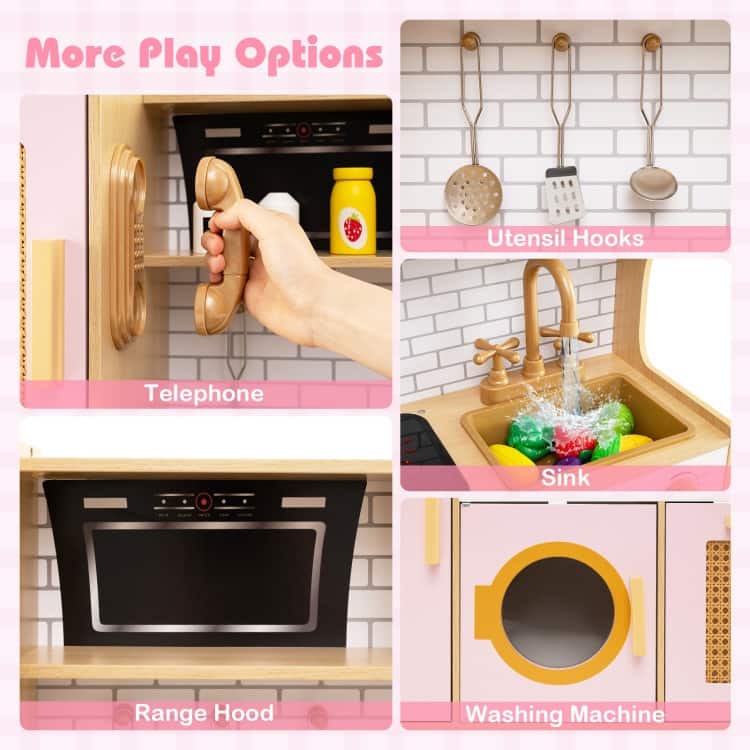 MDF Rattan Kids Play Kitchen with Lights, Sounds and Accessories - 33" × 10" × 31.5"