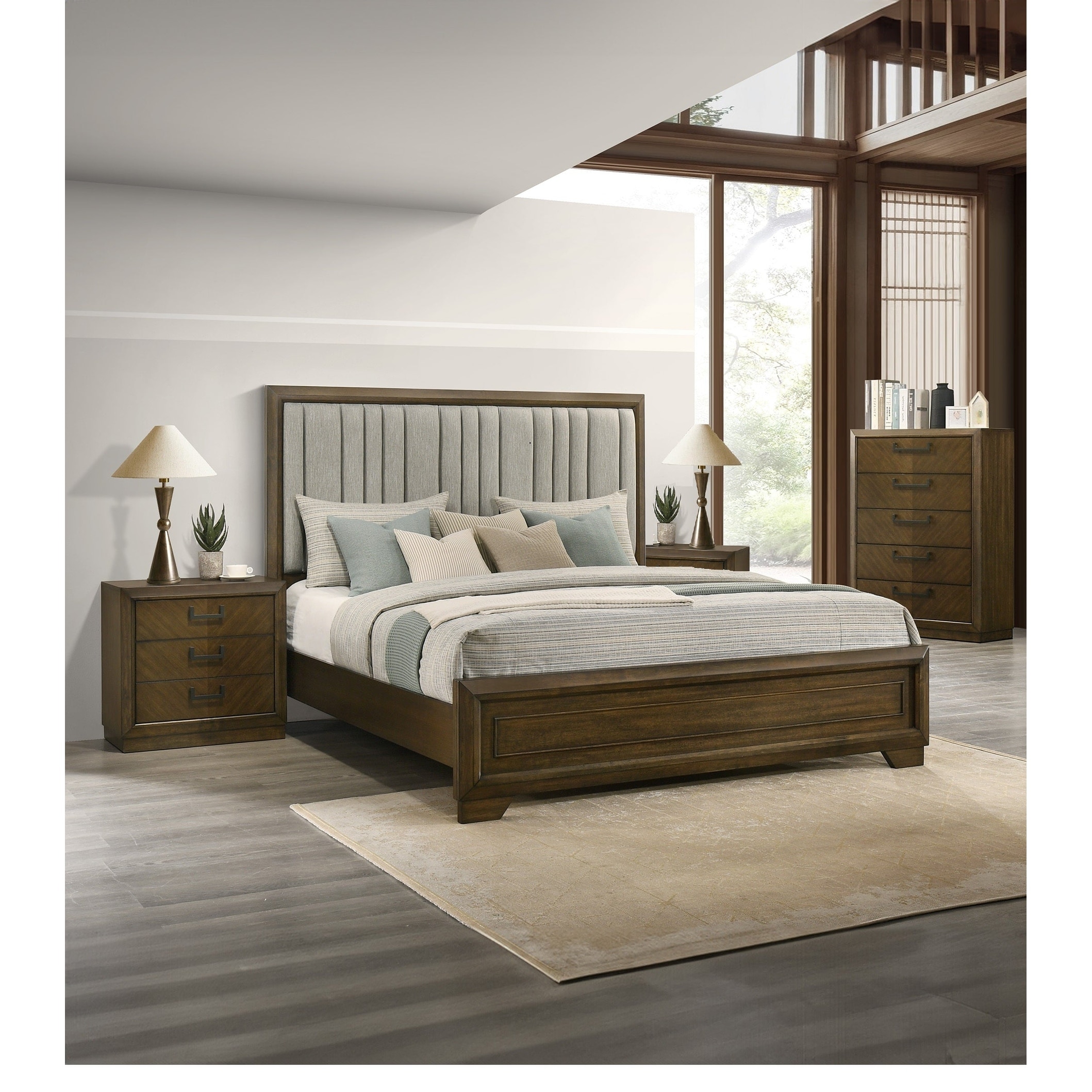 Brown Panel Upholstered Bed Chest 2x Nightstand Set 4pc Bedroom Wooden Furniture
