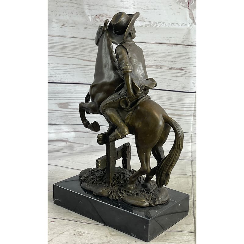 Cowboy On Horseback Hopping A Fence Bronze Sculpture Statue Western Decor