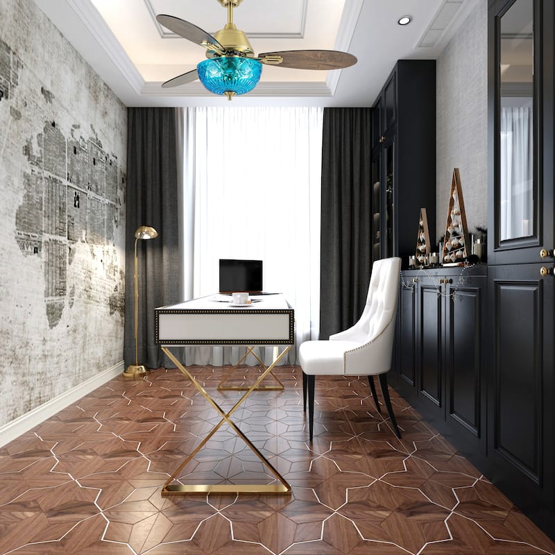 Maisie River of Goods 3-blade 42-inch Modern Indoor Ceiling Fan with Blue Hand-Cut Glass Globe Shade and Remote