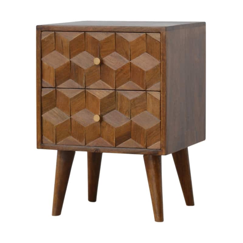 HomeRoots 22" Chestnut Solid Wood Carved Geometric Two Drawer Nightstand