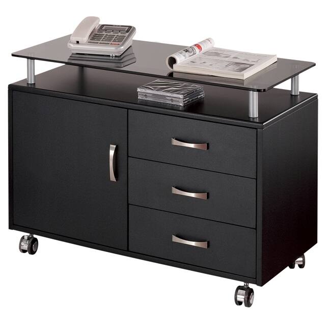 Porch & Den Montgomery Extra Wide Glass Top Rolling Cabinet - Graphite