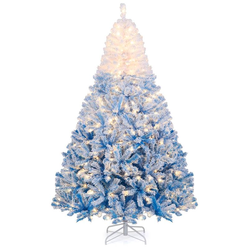 Gymax 5/6/7/8 FT Artificial Christmas Tree Hinged Snow Flocked Xmas - Blue, White - 7 Foot