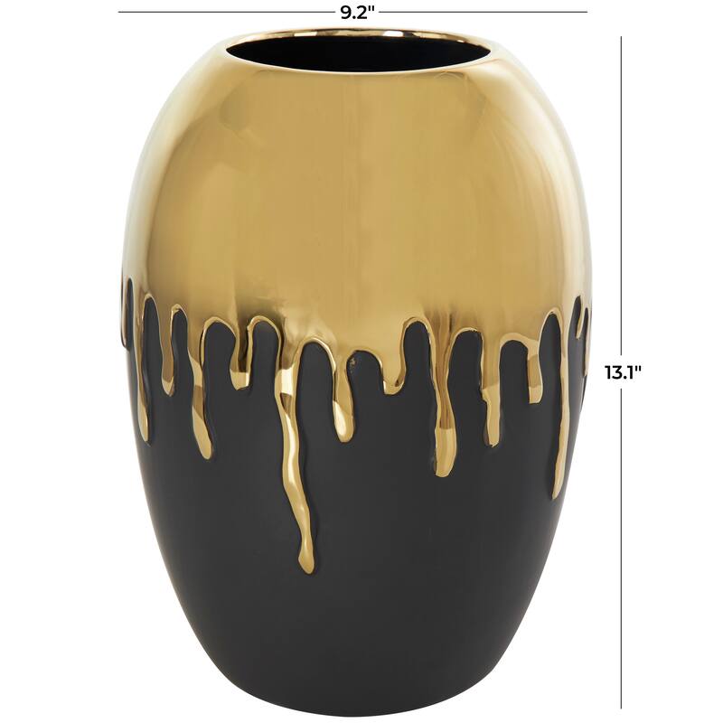 CosmoLiving by Cosmopolitan Black Ceramic Decorative Vase with Abstract Gold Melting Drips - 9 x 9 x 13