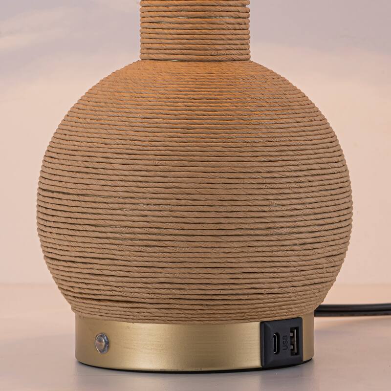 Amber 19" Rattan Table Lamp with USB 3-Way Touch Dimmer
